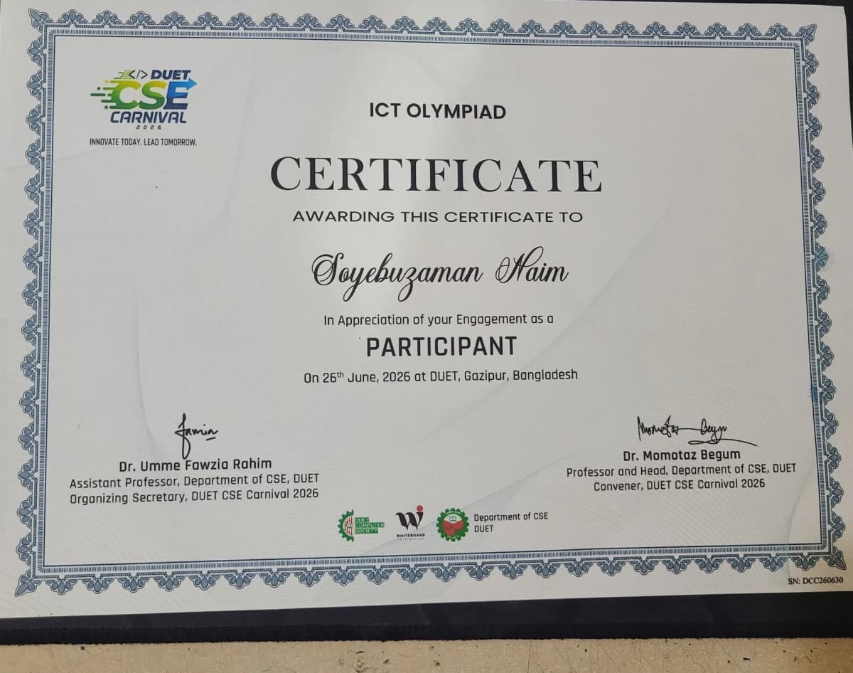 ICT Olympiad Participant - DUET CSE Carnival 2026 certificate